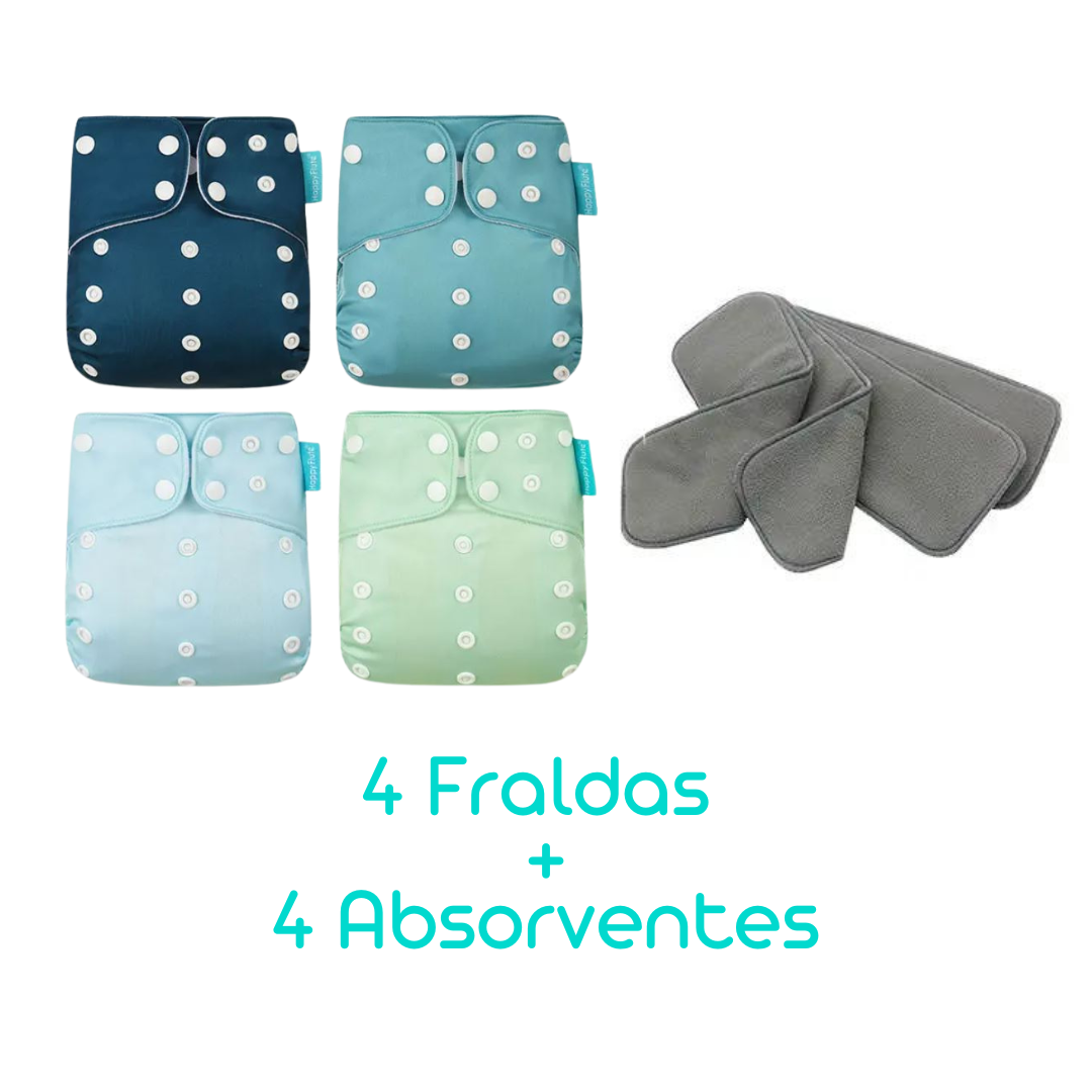 Kit com 4 Fraldas Eclógicas + 4 Absorventes Carvão de Bambu - Estampa Lisas (Tons Verdes)
