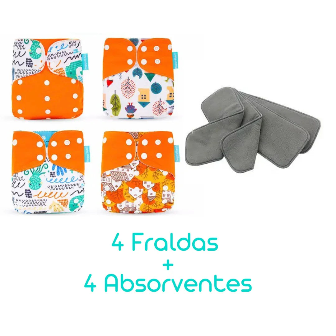 Kit com 4 Fraldas Eclógicas + 4 Absorventes Carvão de Bambu - Estampa Raposa