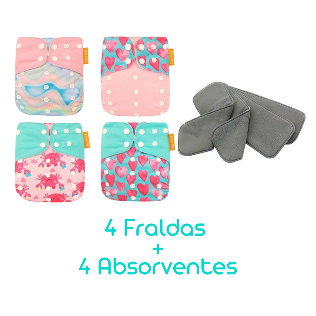 Kit com 4 Fraldas Eclógicas + 4 Absorventes Carvão de Bambu - Estampa Corações