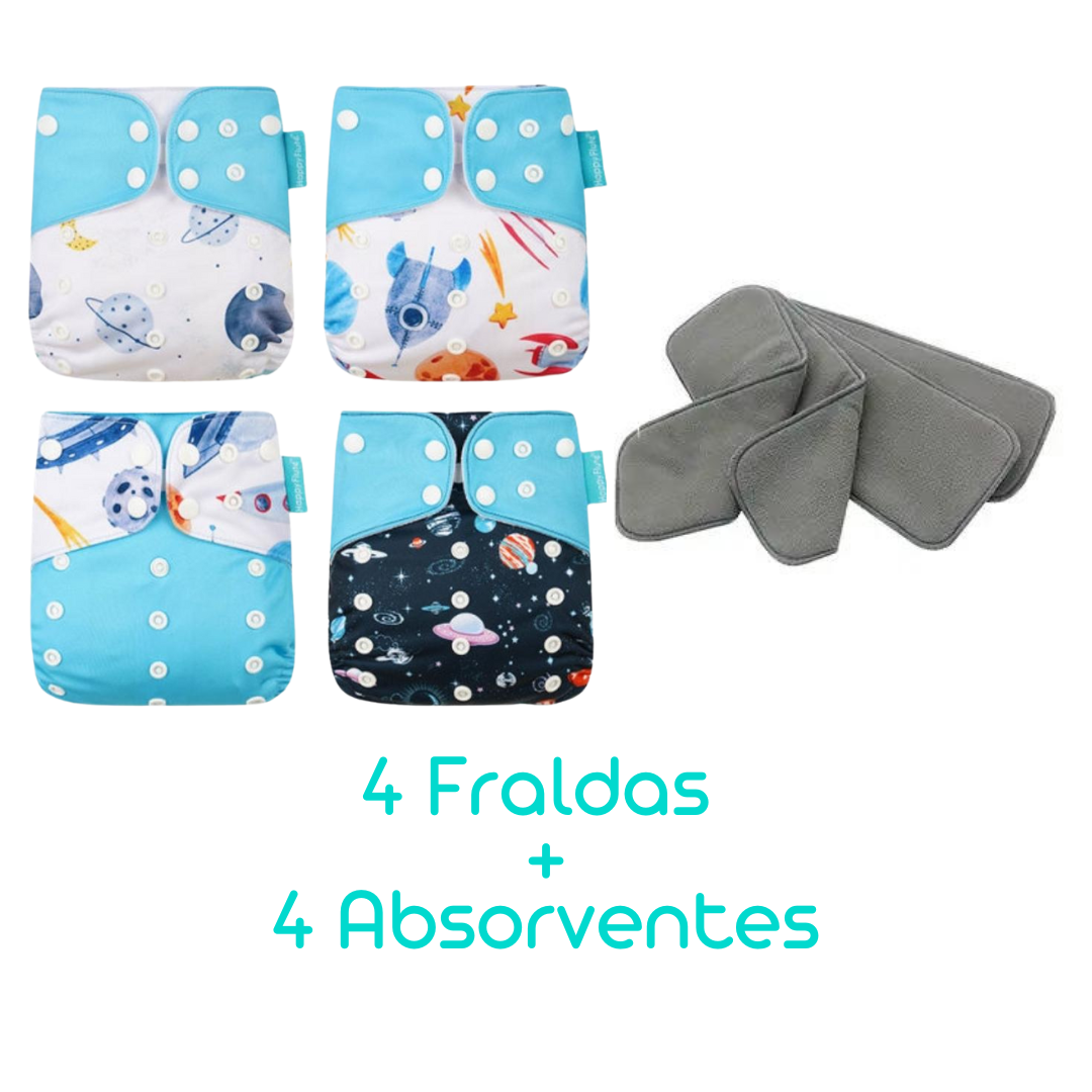 Kit com 4 Fraldas Eclógicas + 4 Absorventes Carvão de Bambu - Estampa Planetas