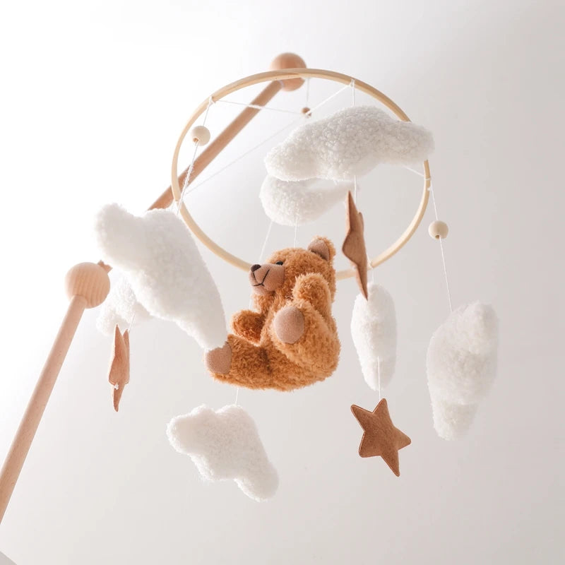 Berço de madeira móvel cama do bebê sino chocalho brinquedo macio feltro dos desenhos animados urso móvel pendurado caixa música recém-nascido cama sino pendurado suporte brinquedo