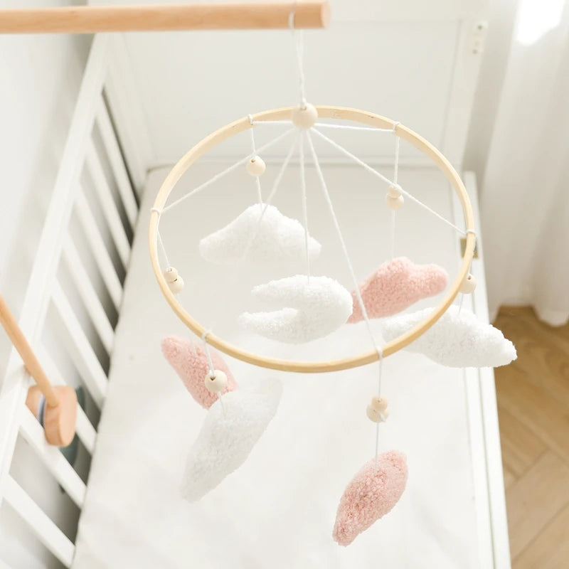 Berço de madeira móvel cama do bebê sino chocalho brinquedo macio feltro dos desenhos animados urso móvel pendurado caixa música recém-nascido cama sino pendurado suporte brinquedo