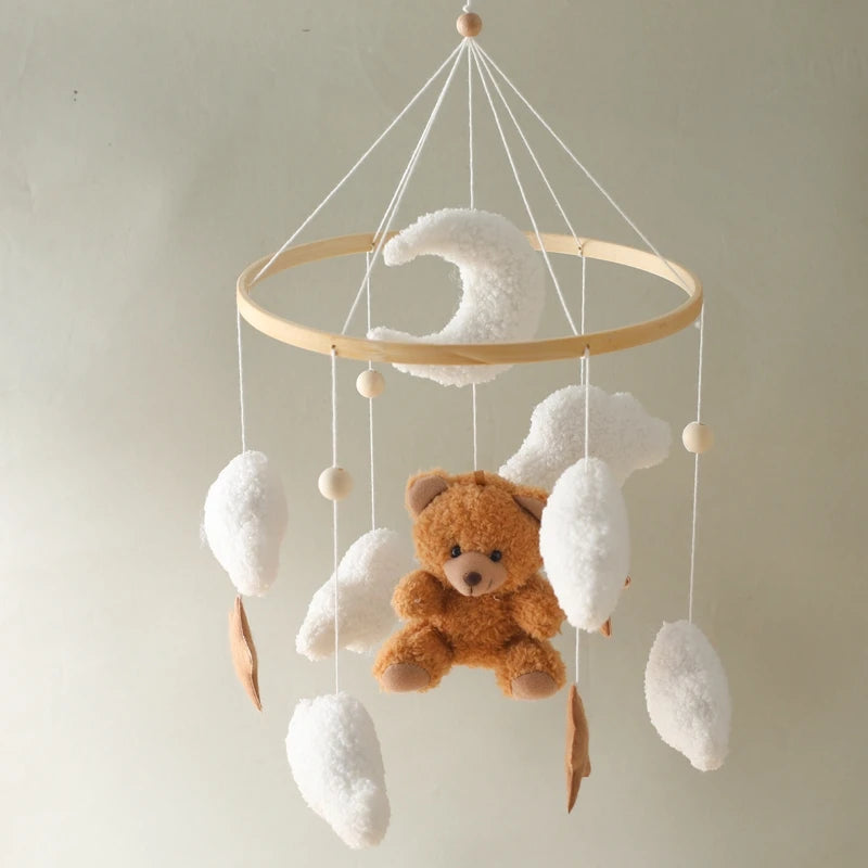 Berço de madeira móvel cama do bebê sino chocalho brinquedo macio feltro dos desenhos animados urso móvel pendurado caixa música recém-nascido cama sino pendurado suporte brinquedo