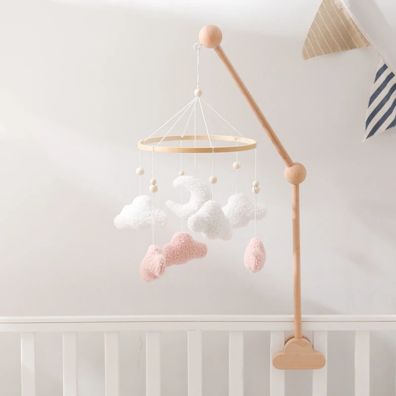 Berço de madeira móvel cama do bebê sino chocalho brinquedo macio feltro dos desenhos animados urso móvel pendurado caixa música recém-nascido cama sino pendurado suporte brinquedo