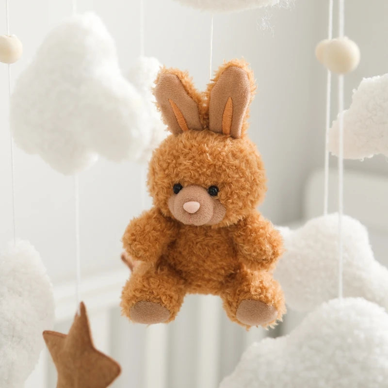 Berço de madeira móvel cama do bebê sino chocalho brinquedo macio feltro dos desenhos animados urso móvel pendurado caixa música recém-nascido cama sino pendurado suporte brinquedo