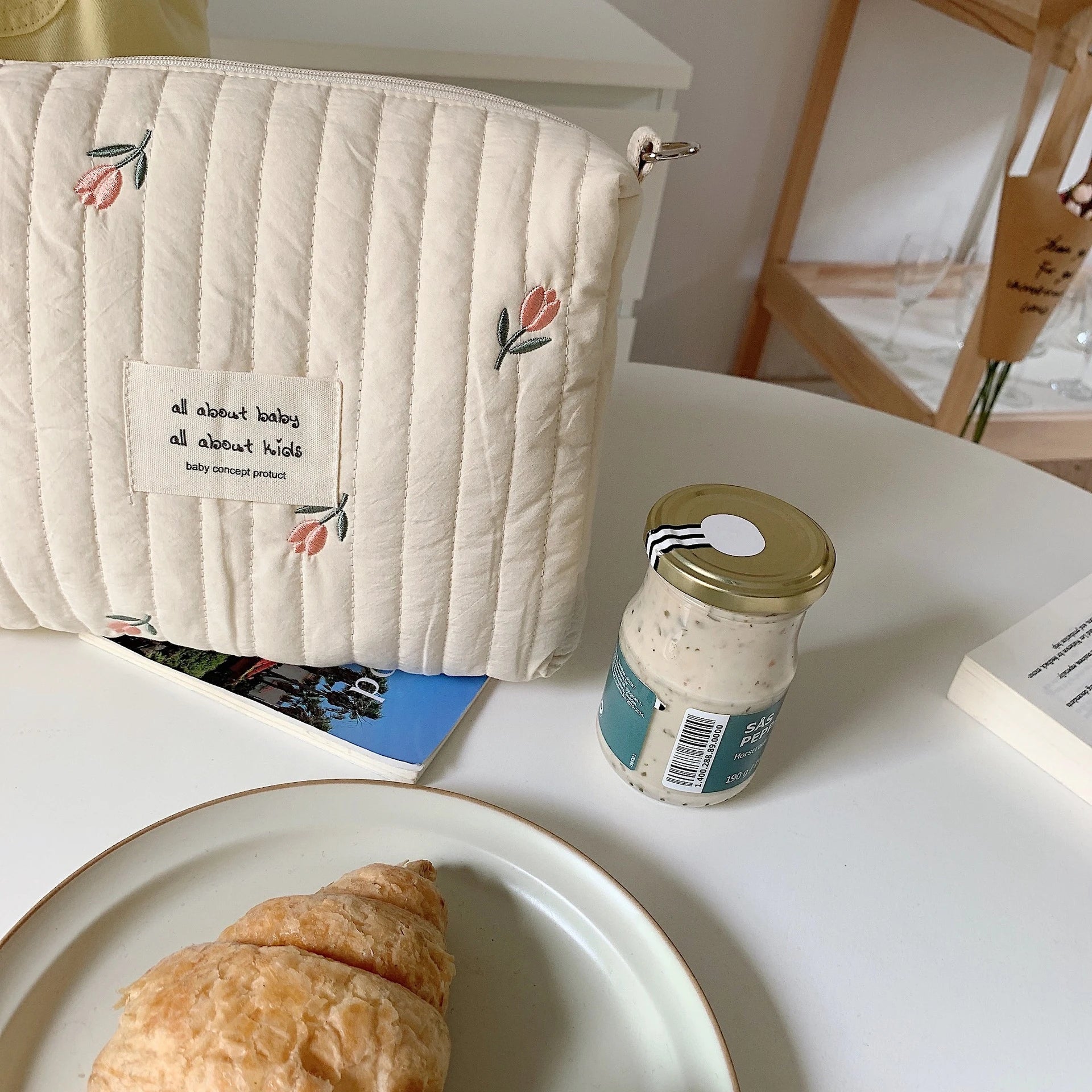 Saco de armazenamento portátil de algodão com zíper bordado saco de fraldas reutilizáveis absorventes higiênicos organizador sacos de carrinho cosméticos bolsa
