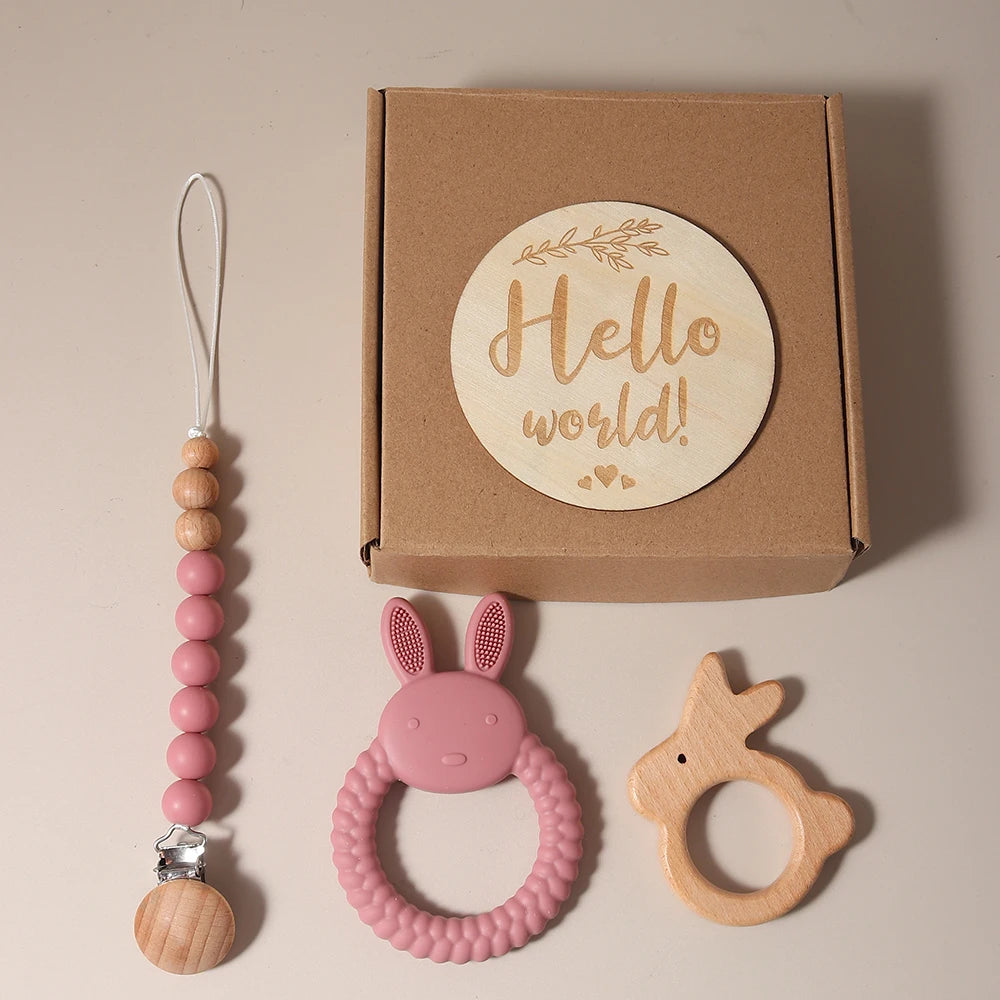 Conjunto de presente para bebê recém-nascido, mordedor de coelho de silicone, chocalho de coelho de madeira, adereços para fotografia
