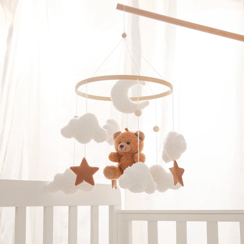 Berço de madeira móvel cama do bebê sino chocalho brinquedo macio feltro dos desenhos animados urso móvel pendurado caixa música recém-nascido cama sino pendurado suporte brinquedo