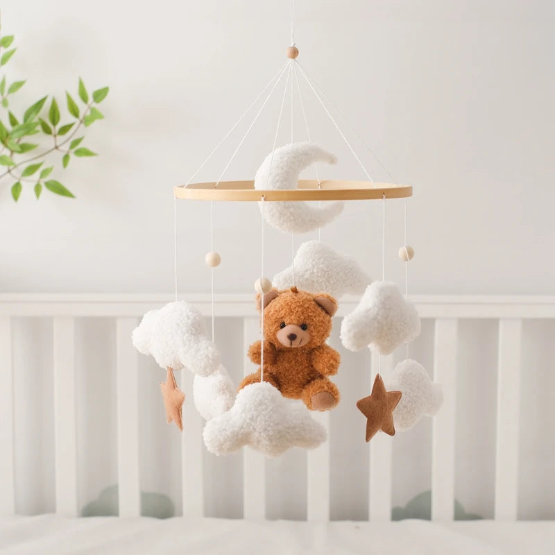 Berço de madeira móvel cama do bebê sino chocalho brinquedo macio feltro dos desenhos animados urso móvel pendurado caixa música recém-nascido cama sino pendurado suporte brinquedo