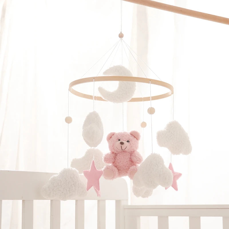 Berço de madeira móvel cama do bebê sino chocalho brinquedo macio feltro dos desenhos animados urso móvel pendurado caixa música recém-nascido cama sino pendurado suporte brinquedo