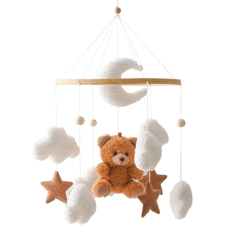Berço de madeira móvel cama do bebê sino chocalho brinquedo macio feltro dos desenhos animados urso móvel pendurado caixa música recém-nascido cama sino pendurado suporte brinquedo