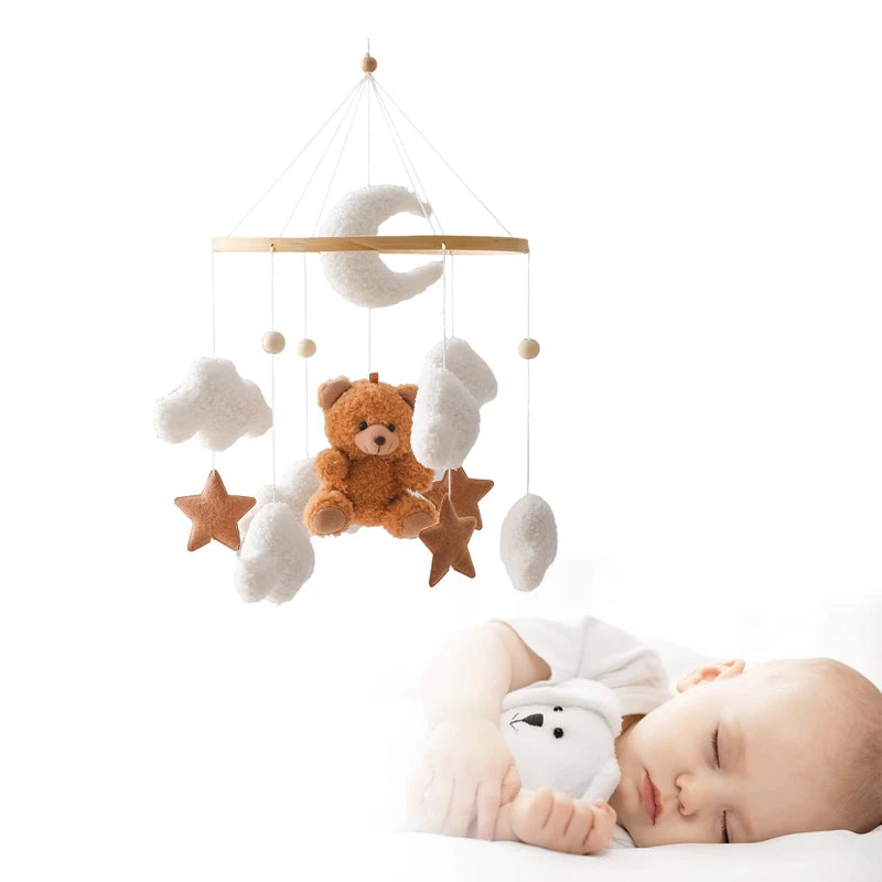 Berço de madeira móvel cama do bebê sino chocalho brinquedo macio feltro dos desenhos animados urso móvel pendurado caixa música recém-nascido cama sino pendurado suporte brinquedo