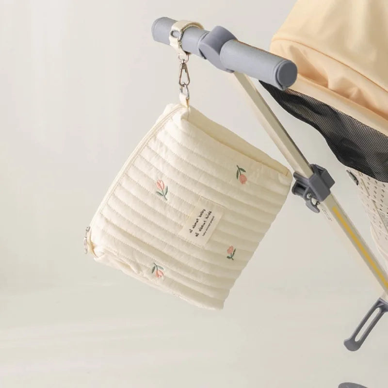 Ins saco de fraldas de algodão para carrinho pendurado saco itens do bebê fralda caddy organizador saco de mamãe com zíper bonito feminino sacos de maquiagem crianças