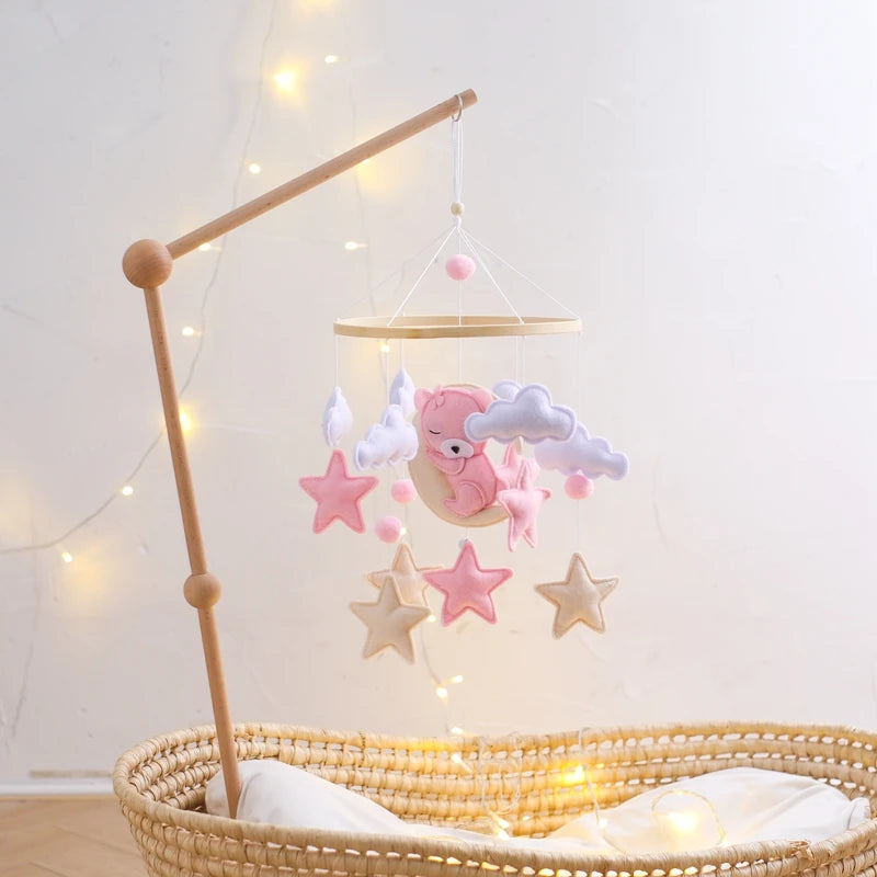 Berço de madeira móvel cama do bebê sino chocalho brinquedo macio feltro dos desenhos animados urso móvel pendurado caixa música recém-nascido cama sino pendurado suporte brinquedo