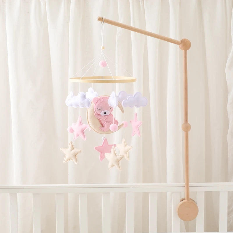 Berço de madeira móvel cama do bebê sino chocalho brinquedo macio feltro dos desenhos animados urso móvel pendurado caixa música recém-nascido cama sino pendurado suporte brinquedo