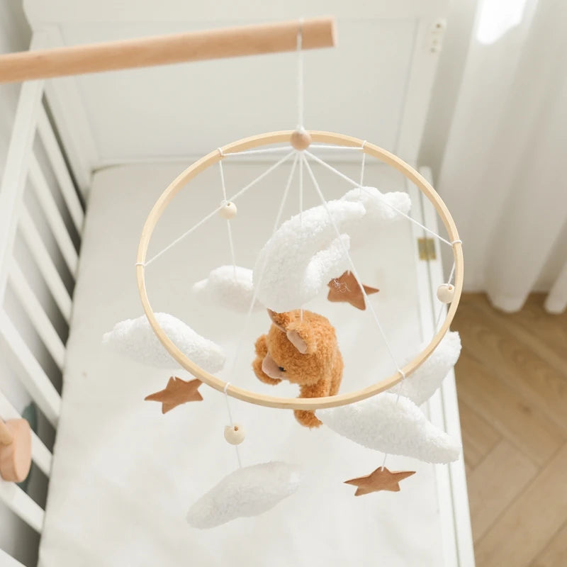 Berço de madeira móvel cama do bebê sino chocalho brinquedo macio feltro dos desenhos animados urso móvel pendurado caixa música recém-nascido cama sino pendurado suporte brinquedo