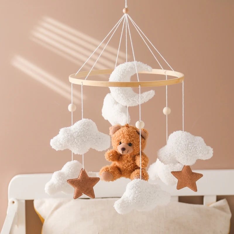 Berço de madeira móvel cama do bebê sino chocalho brinquedo macio feltro dos desenhos animados urso móvel pendurado caixa música recém-nascido cama sino pendurado suporte brinquedo