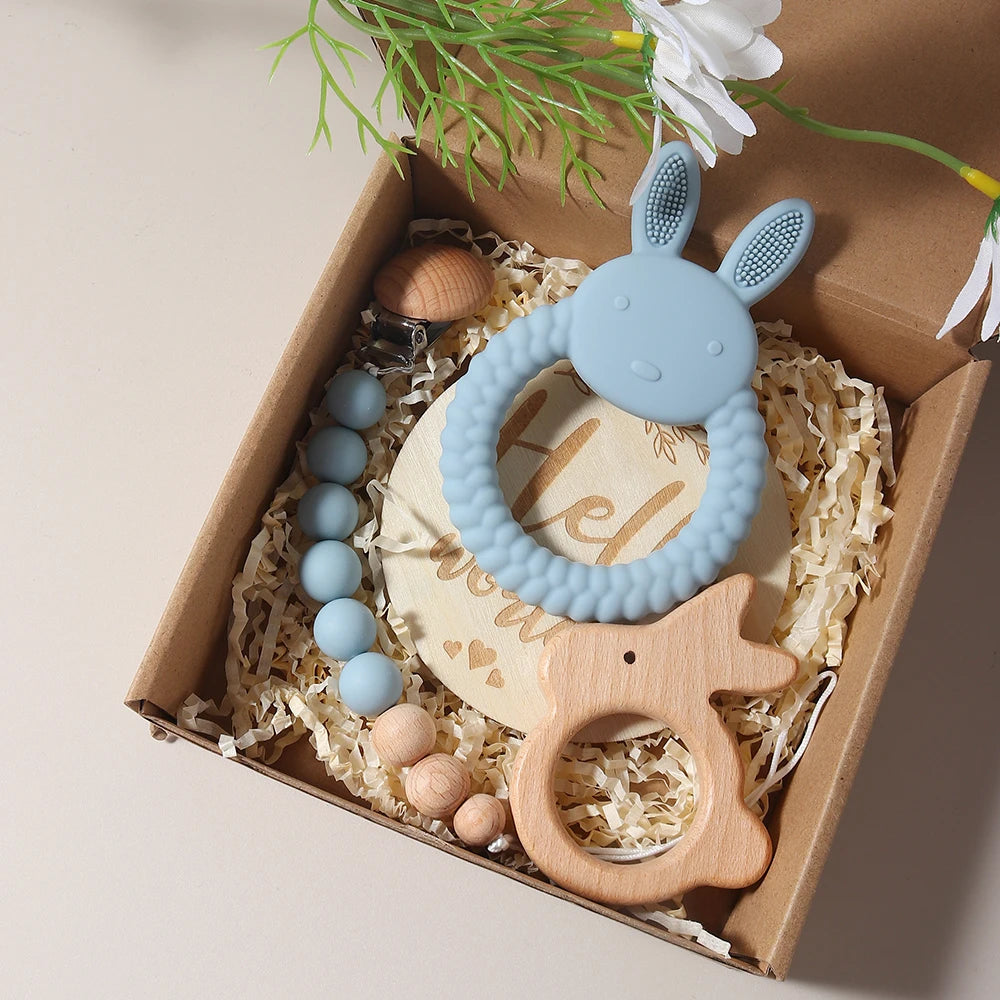 Conjunto de presente para bebê recém-nascido, mordedor de coelho de silicone, chocalho de coelho de madeira, adereços para fotografia