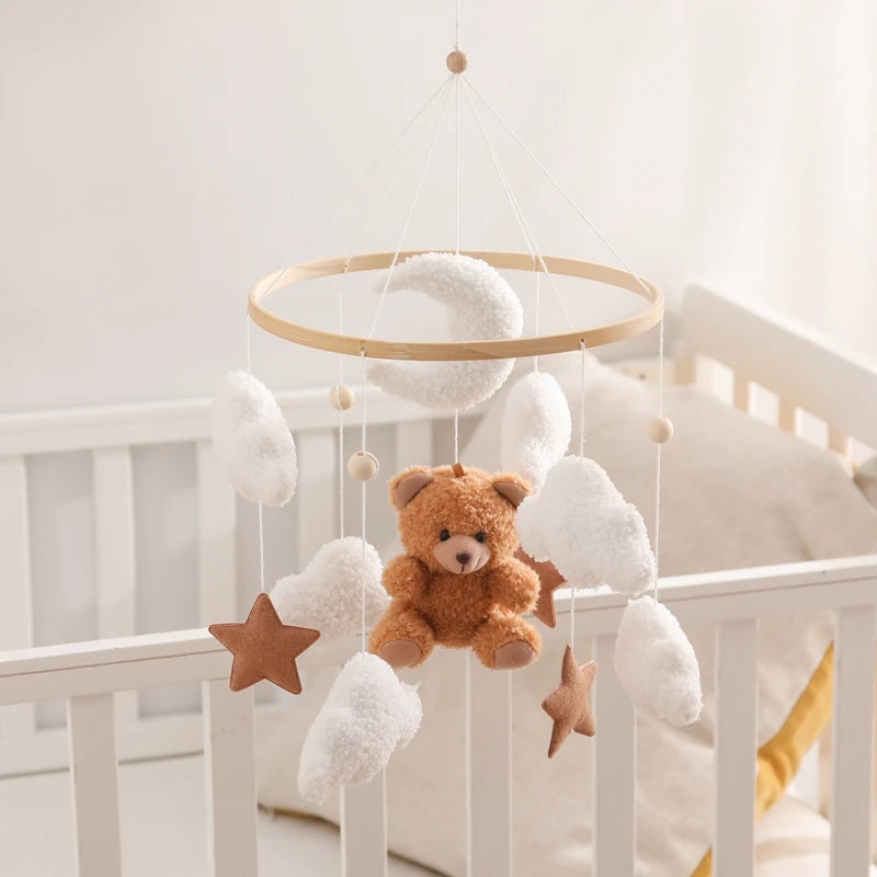 Berço de madeira móvel cama do bebê sino chocalho brinquedo macio feltro dos desenhos animados urso móvel pendurado caixa música recém-nascido cama sino pendurado suporte brinquedo