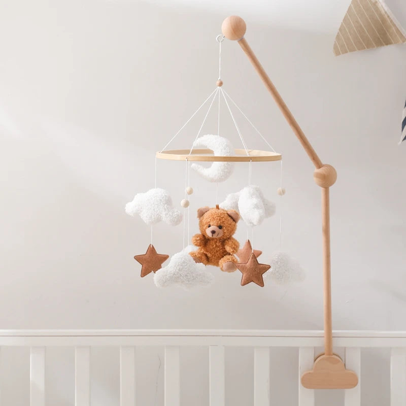 Berço de madeira móvel cama do bebê sino chocalho brinquedo macio feltro dos desenhos animados urso móvel pendurado caixa música recém-nascido cama sino pendurado suporte brinquedo