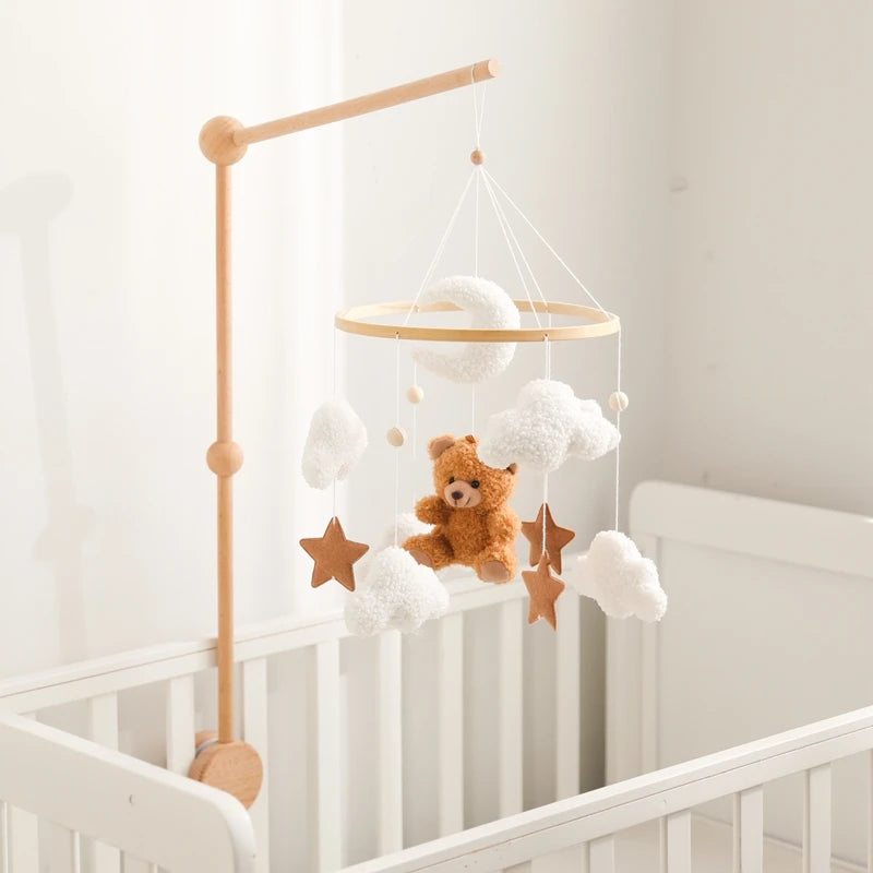Berço de madeira móvel cama do bebê sino chocalho brinquedo macio feltro dos desenhos animados urso móvel pendurado caixa música recém-nascido cama sino pendurado suporte brinquedo