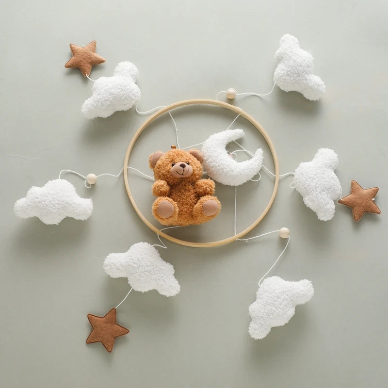 Berço de madeira móvel cama do bebê sino chocalho brinquedo macio feltro dos desenhos animados urso móvel pendurado caixa música recém-nascido cama sino pendurado suporte brinquedo