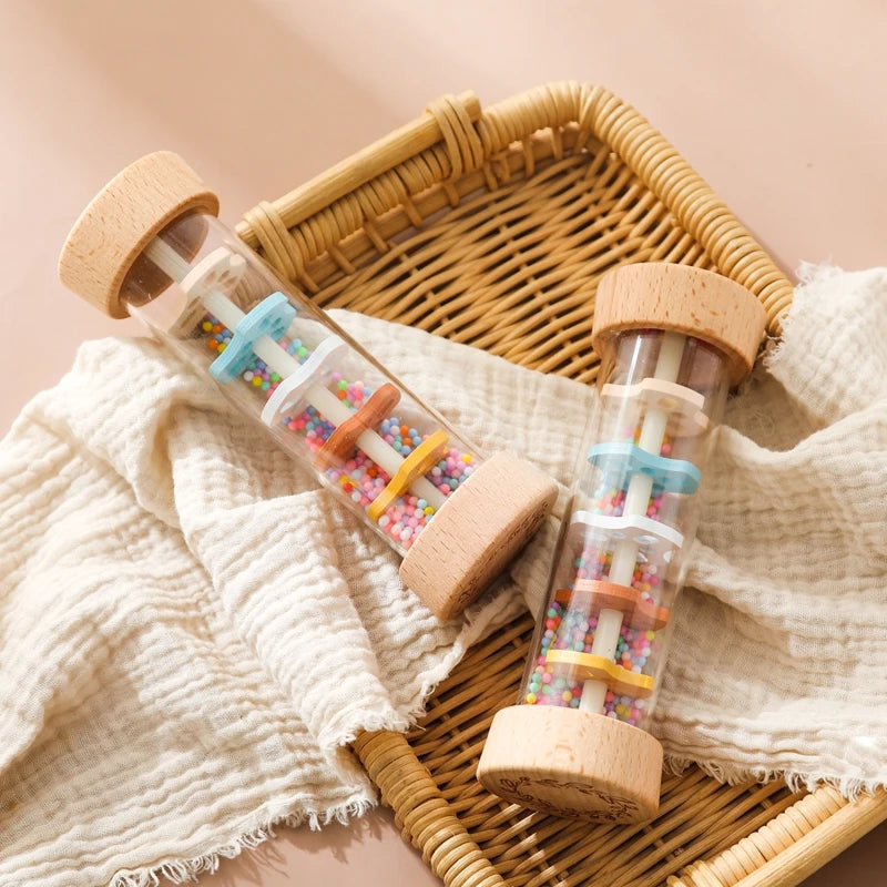 Montessori bebê Rain Stick, ampulheta arco-íris, chocalho musical, brinquedo educativo, colorido, brinquedos sensoriais para crianças