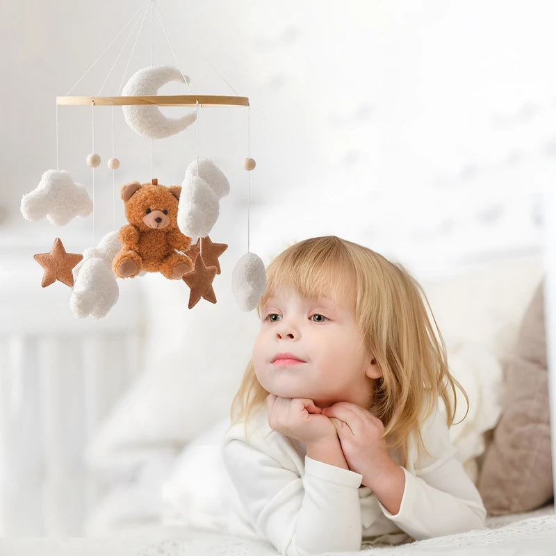 Berço de madeira móvel cama do bebê sino chocalho brinquedo macio feltro dos desenhos animados urso móvel pendurado caixa música recém-nascido cama sino pendurado suporte brinquedo