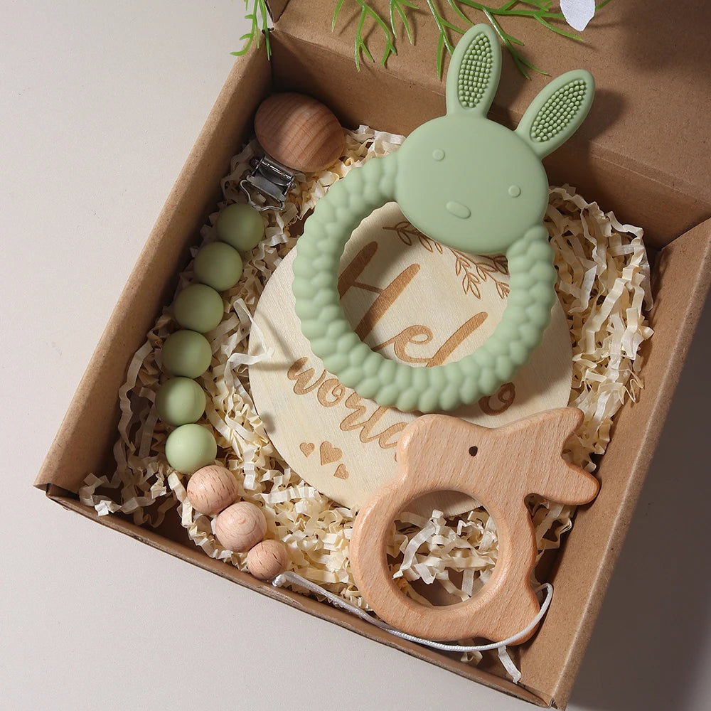 Conjunto de presente para bebê recém-nascido, mordedor de coelho de silicone, chocalho de coelho de madeira, adereços para fotografia