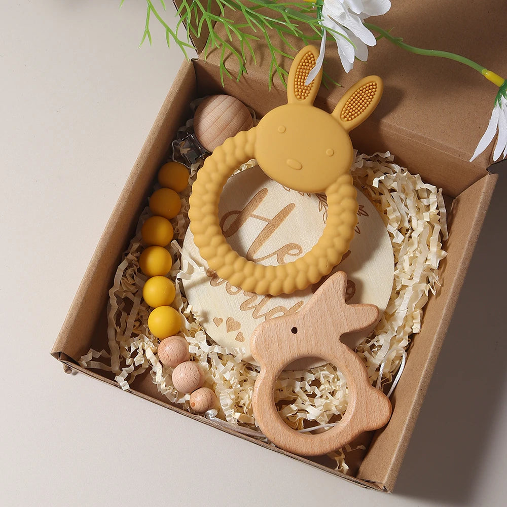 Conjunto de presente para bebê recém-nascido, mordedor de coelho de silicone, chocalho de coelho de madeira, adereços para fotografia
