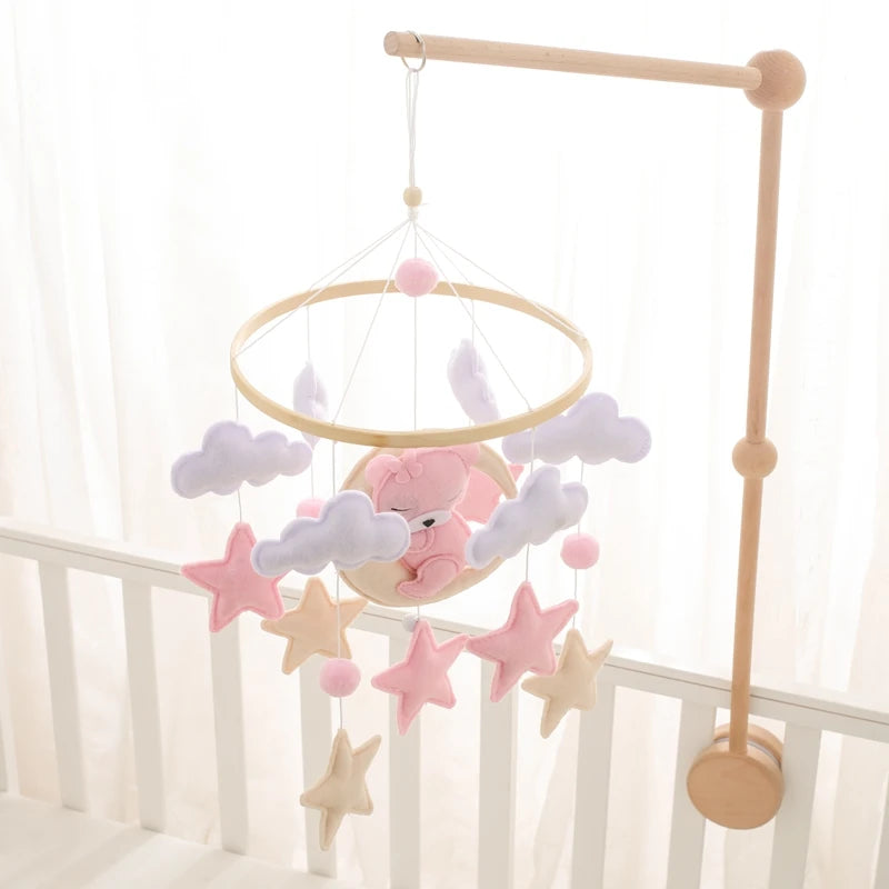 Berço de madeira móvel cama do bebê sino chocalho brinquedo macio feltro dos desenhos animados urso móvel pendurado caixa música recém-nascido cama sino pendurado suporte brinquedo