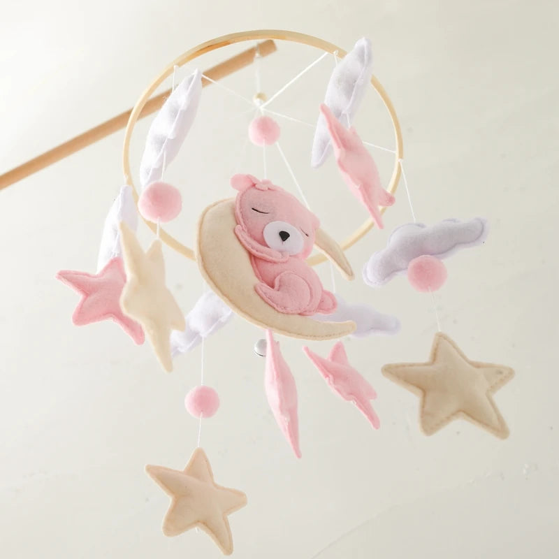 Berço de madeira móvel cama do bebê sino chocalho brinquedo macio feltro dos desenhos animados urso móvel pendurado caixa música recém-nascido cama sino pendurado suporte brinquedo