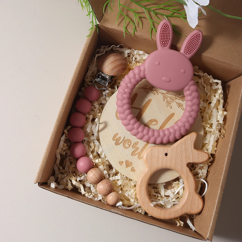 Conjunto de presente para bebê recém-nascido, mordedor de coelho de silicone, chocalho de coelho de madeira, adereços para fotografia