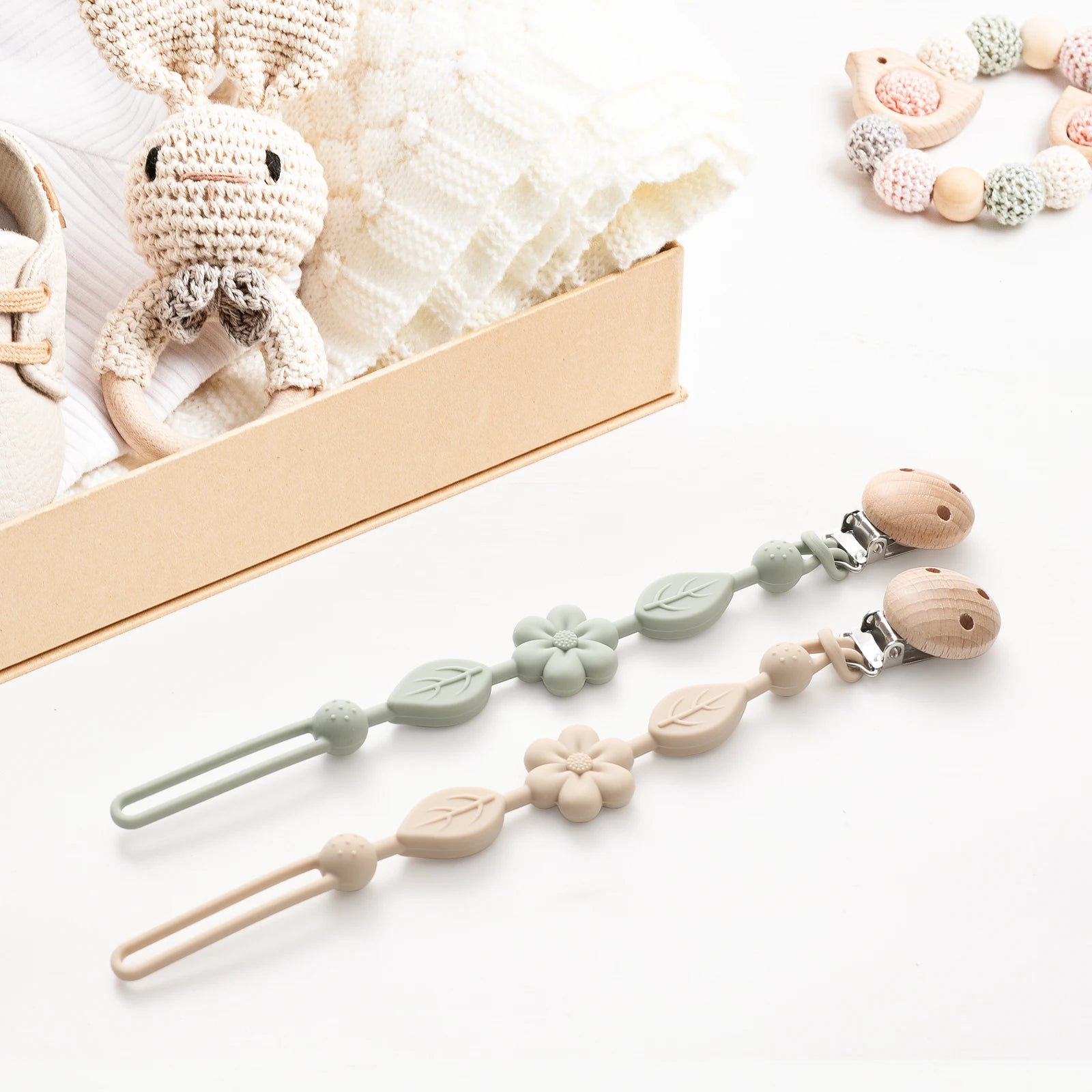 Baby silicone chupeta cadeia, 1 parte, anti-perda, ajustável, flor, adequado para recém-nascido, produtos de brinquedo