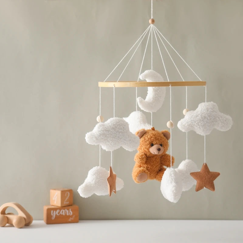 Berço de madeira móvel cama do bebê sino chocalho brinquedo macio feltro dos desenhos animados urso móvel pendurado caixa música recém-nascido cama sino pendurado suporte brinquedo