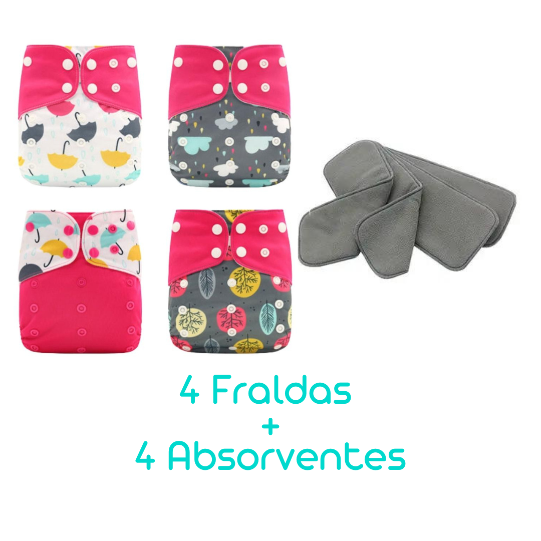 Kit com 4 Fraldas Eclógicas  + 4 Absorventes Carvão de Bambu - Estampa Guarda-chuva