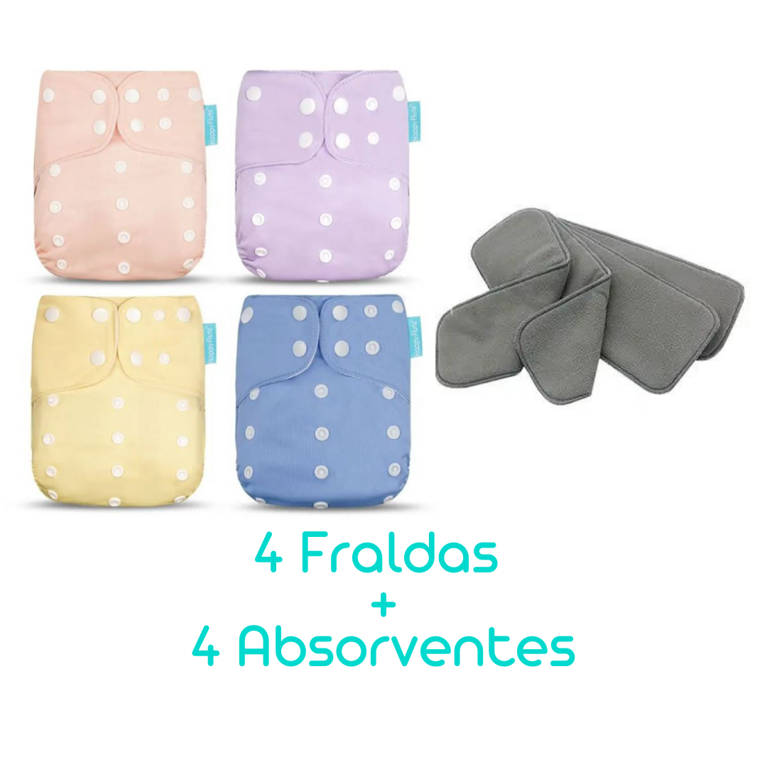 Kit com 4 Fraldas Eclógicas  + 4 Absorventes Carvão de Bambu - Estampa Lisas (Tons Pasteis)