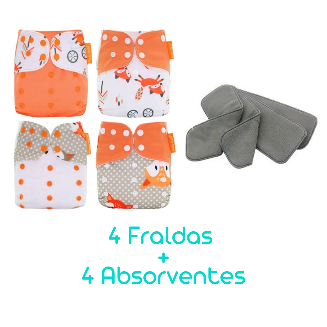 Kit com 4 Fraldas Eclógicas  + 4 Absorventes Carvão de Bambu - Estampa Raposinha