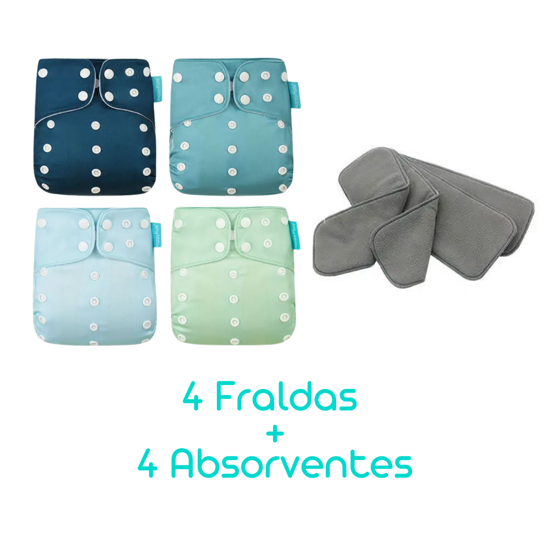 Kit com 4 Fraldas Eclógicas  + 4 Absorventes Carvão de Bambu - Estampa Lisas (Tons Verdes)