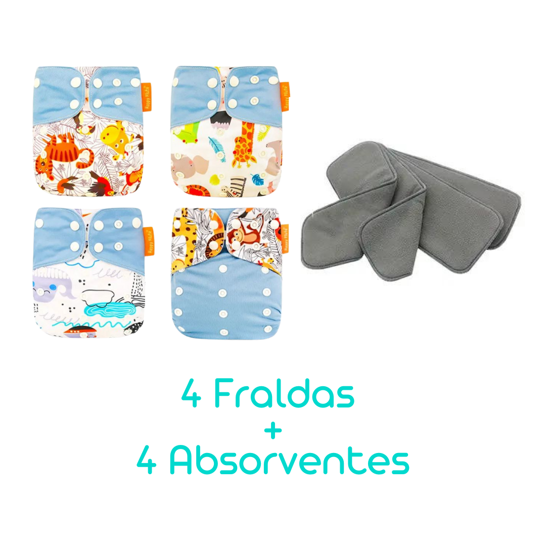 Kit com 4 Fraldas Eclógicas  + 4 Absorventes Carvão de Bambu - Estampa Safari