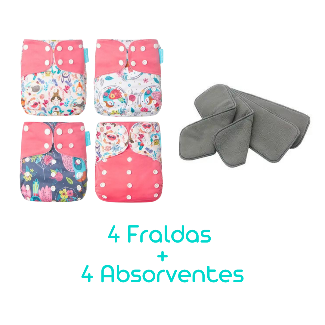 Kit com 4 Fraldas Eclógicas  + 4 Absorventes Carvão de Bambu - Estampa Flores