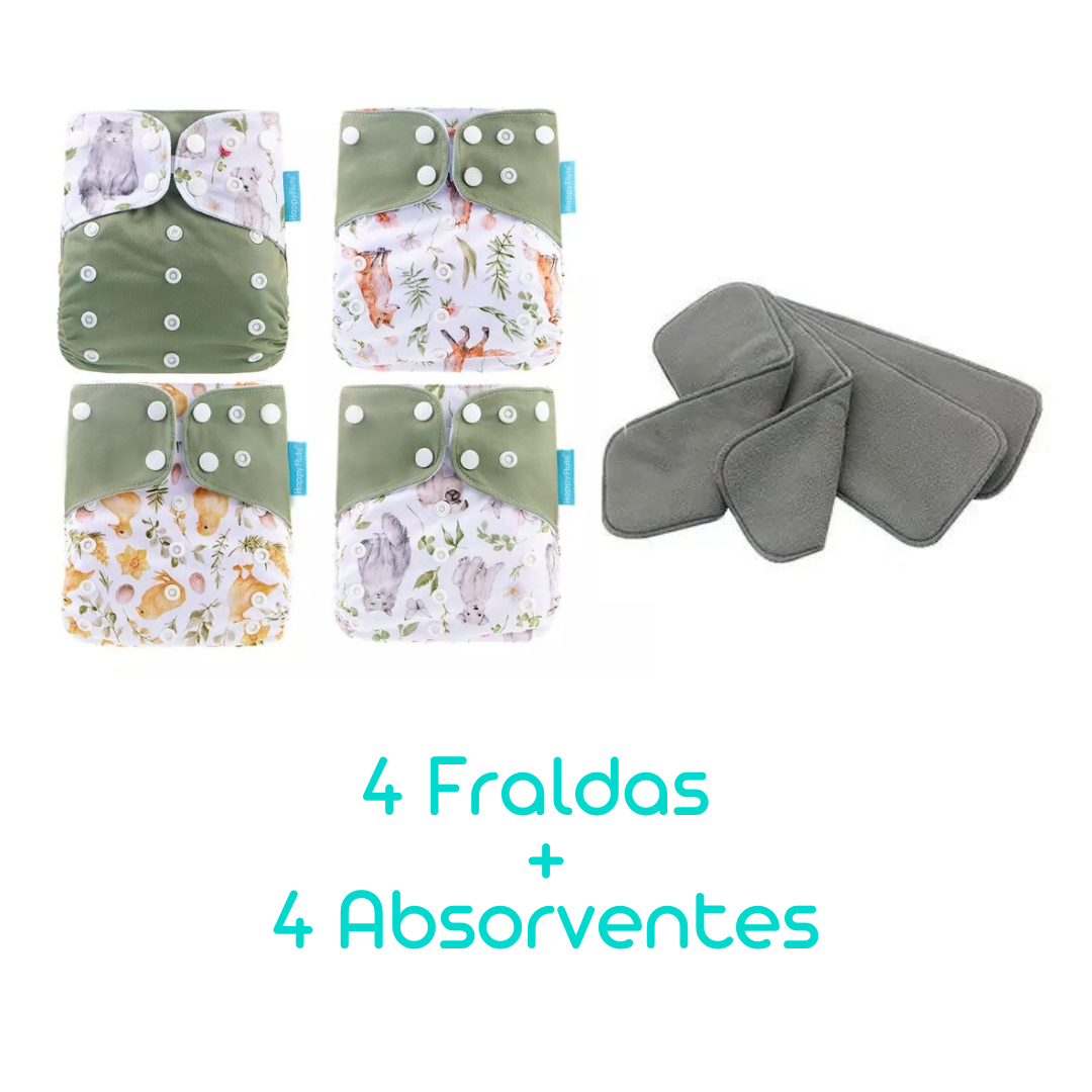 Kit com 4 Fraldas Eclógicas  + 4 Absorventes Carvão de Bambu - Estampa Pintinhos