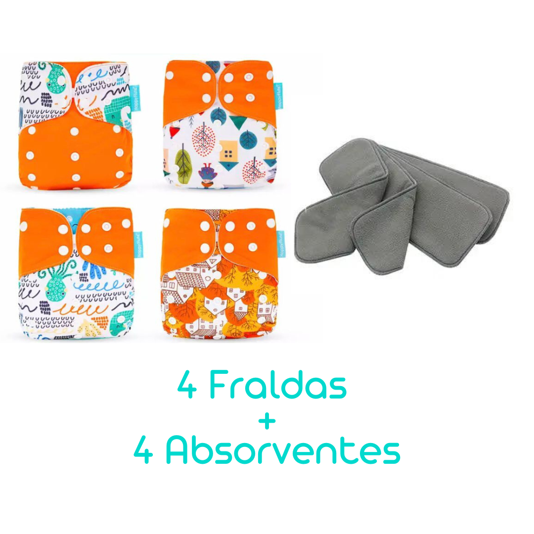 Kit com 4 Fraldas Eclógicas  + 4 Absorventes Carvão de Bambu - Estampa Raposa