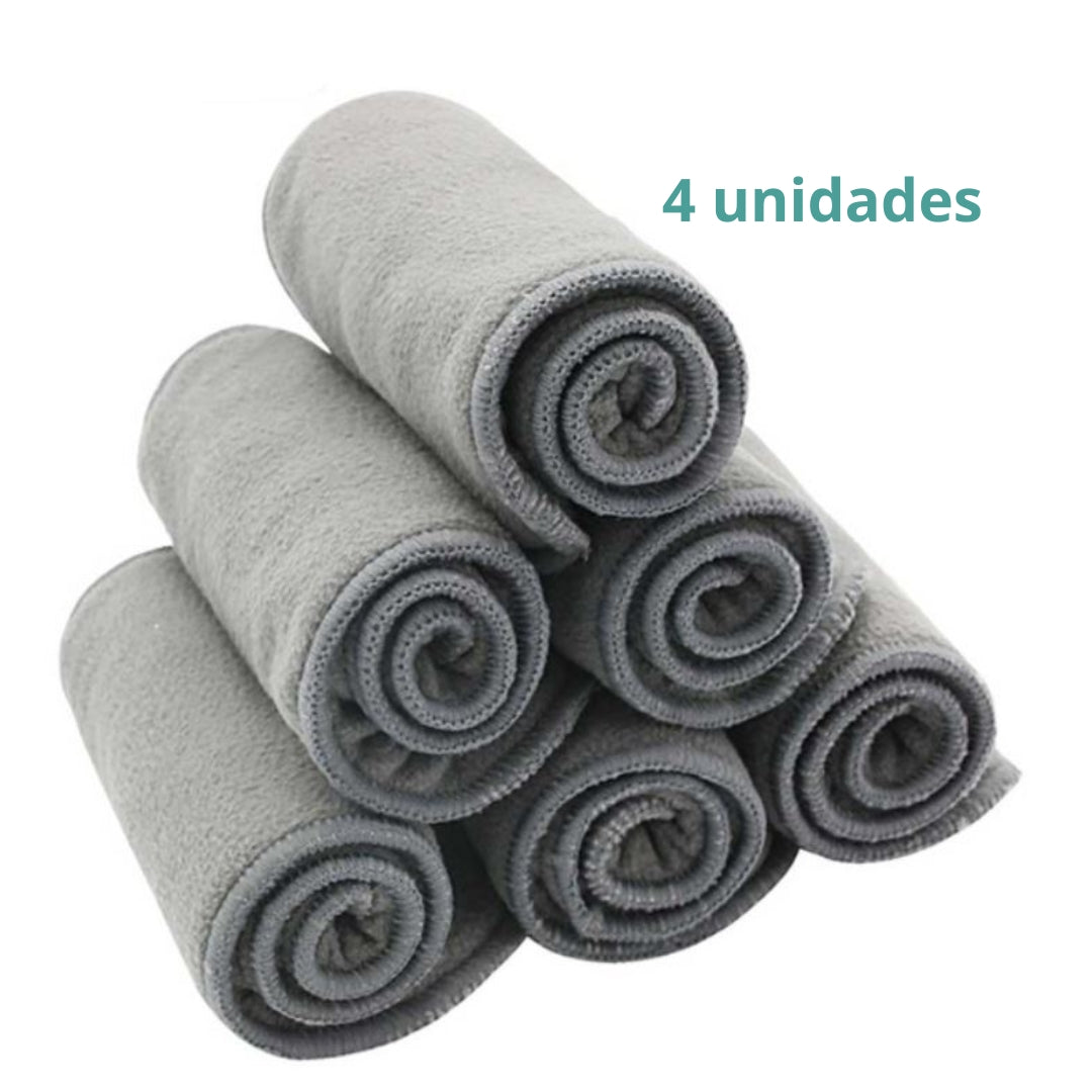 Kit com 4 Fraldas Eclógicas  + 4 Absorventes Carvão de Bambu - Estampa Lisas (Tons Verdes)