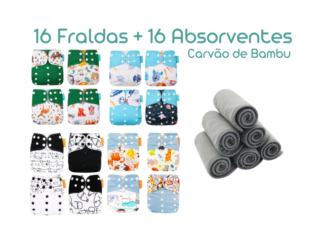 Kit com 16 Fraldas Ecológicas + 16 Absorventes Carvão de Bambu - Estampa Animais