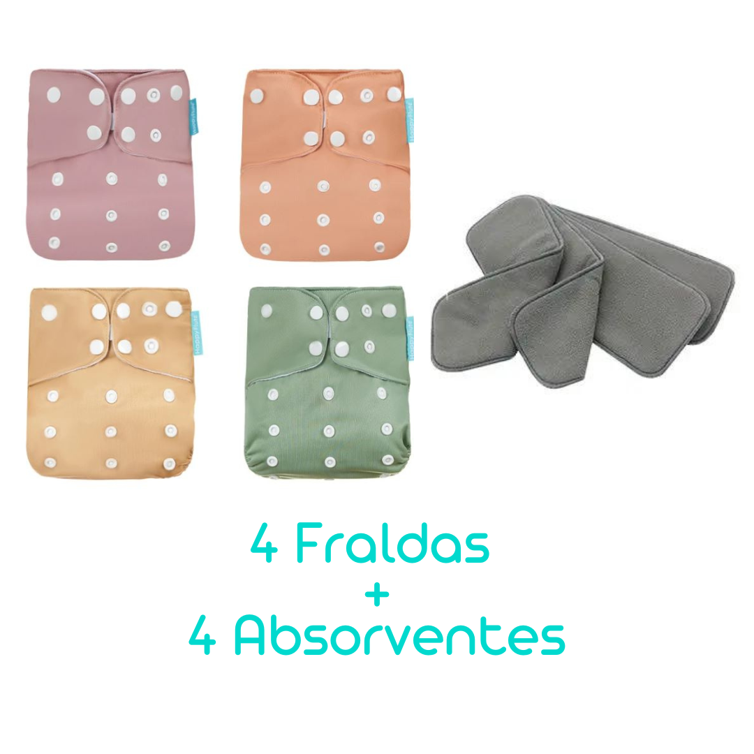 Kit com 4 Fraldas Eclógicas  + 4 Absorventes Carvão de Bambu - Estampa Lisas (Tons Pasteis 2)