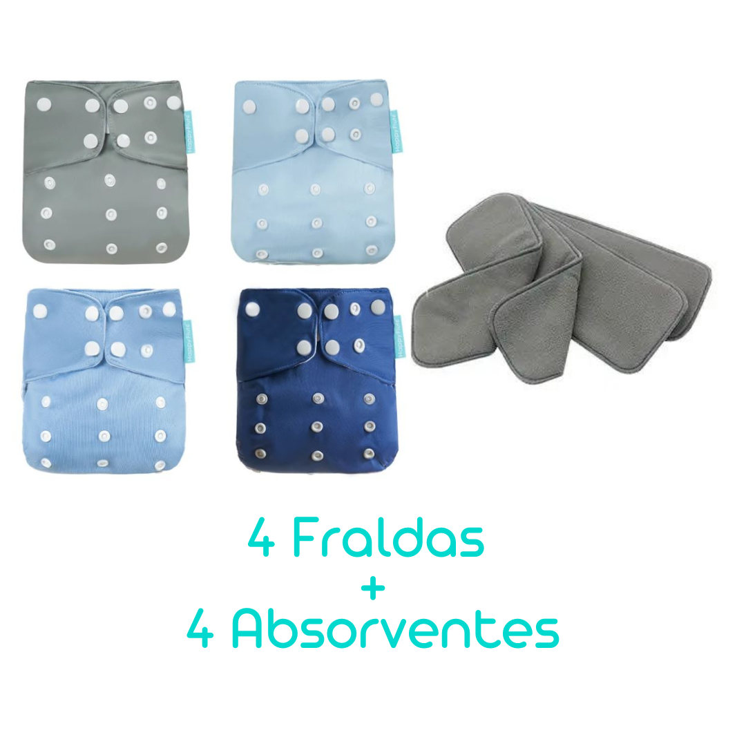 Kit com 4 Fraldas Eclógicas  + 4 Absorventes Carvão de Bambu - Estampa Lisas (Tons Azul)