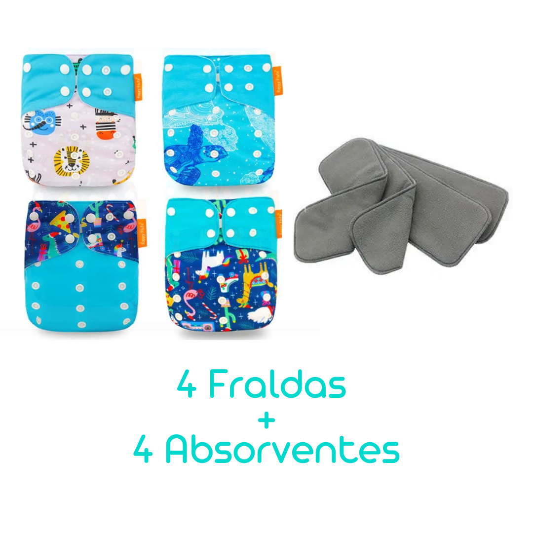 Kit com 4 Fraldas Eclógicas  + 4 Absorventes Carvão de Bambu - Estampa Oceanos