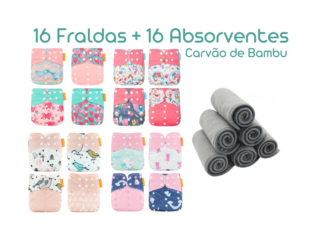 Kit com 16 Fraldas Ecológicas + 16 Absorventes Carvão de Bambu - Estampa Pássaros