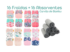 Kit com 16 Fraldas + 16 Absorventes - Estampa Pássaros